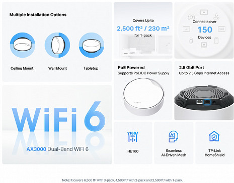 Mājas Wi-Fi tīkla sistēma (Mesh)  Deco X50-PoE(1-pack)